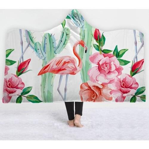 Flamingo flower leaves Style Hooded Blanket for Adults Sherpa Fleece Wearable Throw Blanket Microfiber Plaids150*200cm/130*150cm