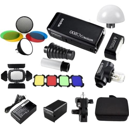 Godox AD200 200Ws 2.4G TTL Pocket Speedlite Flash HSS Strobe Dual Light Head + Battery + Refector Color Filter Snoot Diffuser