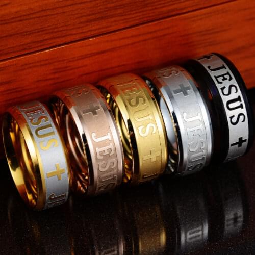 AsJerlya High Quality Large size 8mm Titanium Steel Gold Color Jesus Cross Letter Bible Wedding Band Ring Men Women Jewelry