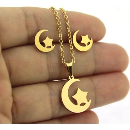 1 Set Golden Stainless Steel Moon And Star Jewelry Sets Charms Stars Earrings Necklace Women Girls Couple Gift