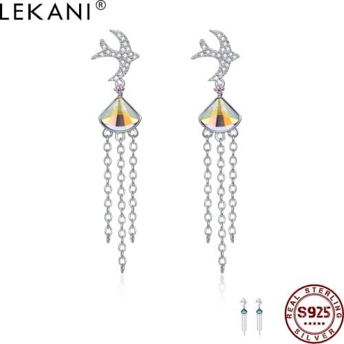 LEKANI Sterling Silver Real S925 Drop Earring Cute Swallow Style Tassel Link Earring Austria Crystal Romantic Fine Jewelry