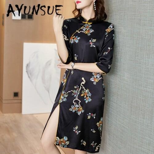 Summer Dress Women Print Floral Real Silk Dress Fashion Party Dress Women Dress Elegant Vintage Vestido Mujer F1016 YY2525