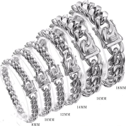 New 8/10/12/14/16/18mm 316L Stainless Steel Silver color Polished Miami Cuban Curb Link Chain Men Women Bracelet 7-11" Bangles