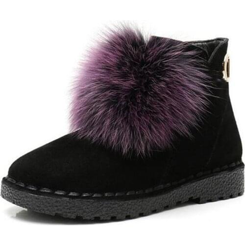 New Top Cowhide Frosted Leather Winter Snow Boots Womens Boots Warm Shoes Flat Plus Size Fox Fur Decoration Fashion Ankle Boots