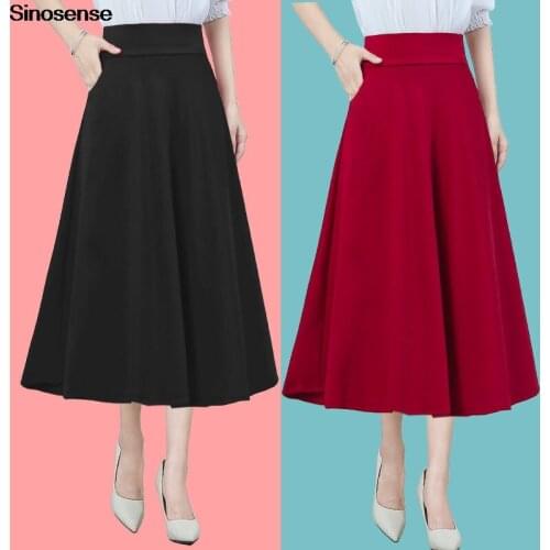Solid Red Black Long Maix Skirt Elegant Evening Party A Line Skirt Stretch High Waist Flared Pleated Casual Skirts Plus Size 3XL