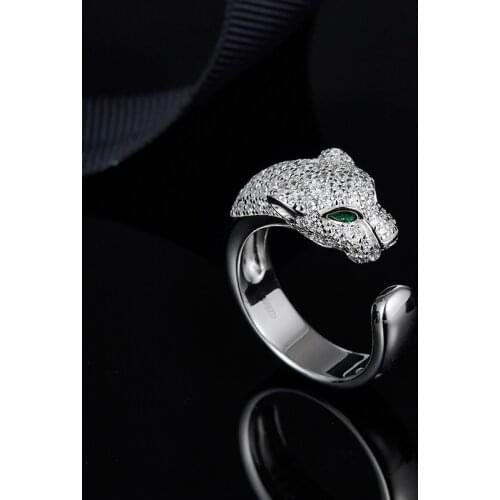 Solid 925 Sterling Silver Leopard Finger Ring Half Zircon Stone Green Eyes Panther Ring for Women Men Party Jewelry