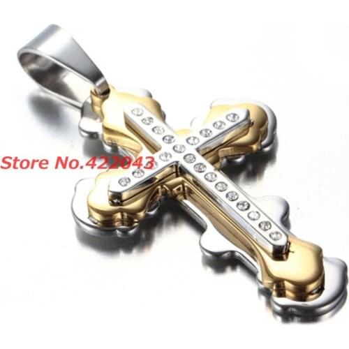 Hot Silver Gold Tone Pendant Necklace 316L Stainless Steel Chain Necklace With Cross Pendant and Crystal