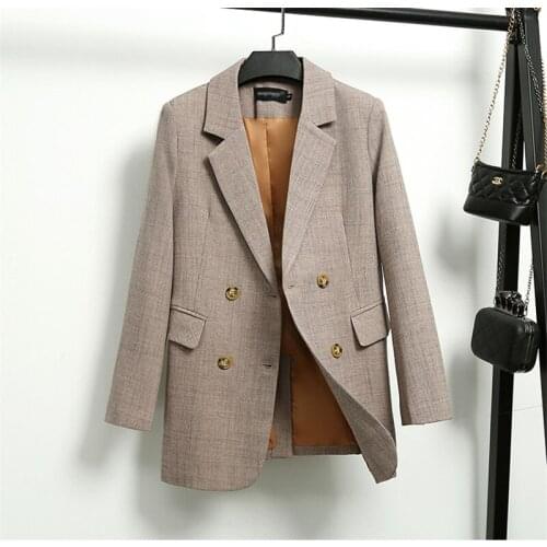 Slim Double Breasted Black Khaki Spring Autumn Blazers Business suit women Korean style loose Mid-Length Womens jacket