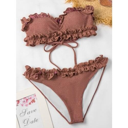 Sexy Women Strapless Bikini Set Female Ruffle Sleeveless Tops Bikini Panties Solid Brown Swimsuits For Women Summer Bathing Suit