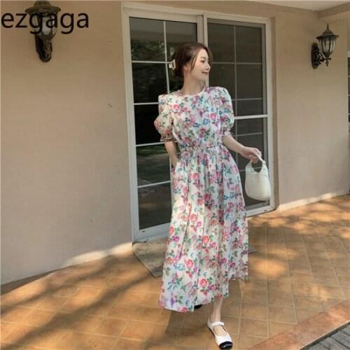 Ezgaga Floral Printed Puff Short Sleeve Midi Dress Women Korean Fashion Summer New Elegant Gentle Lady High Waist Sweet Vestidos