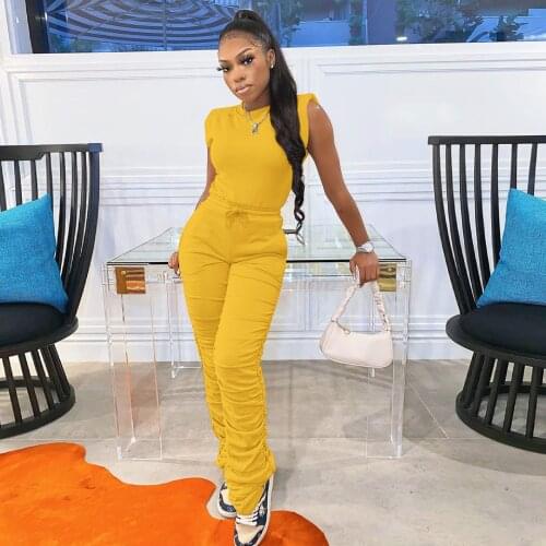 Casual Stacked Two Piece Set Women Fashion Simple Sporty Active Wear Sleeveless Tank Tops and Solid Pleated Sweatpant Female