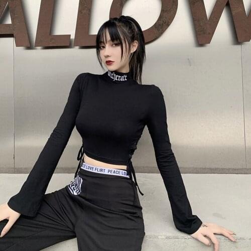 S-L Women Sexy Embroidered T-shirt Adults Vintage Gothic Flare Long Sleeve High Collar Lace UP Side Drawstring Crop Top Tee