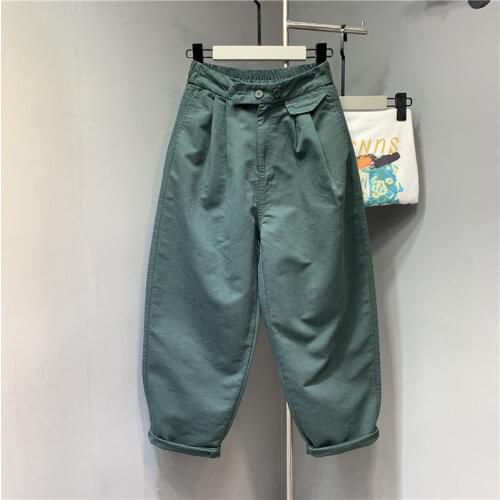 Dark Green Elastic Waist Women Cotton Daddy Bloomers 2021 New Autumn Large Size Casual Ankle-length Pants Long Denim Trousers