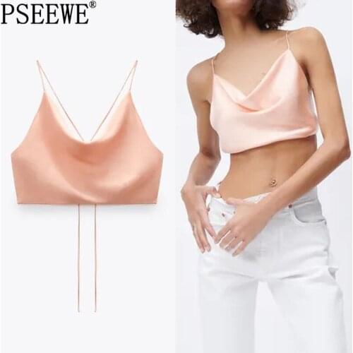 PSEEWE Za Women Top Satin Crop Summer Top Woman 2021 Tie Dye Camisole Backless White Tank Tops Sleeveless Sexy Tanks Camis