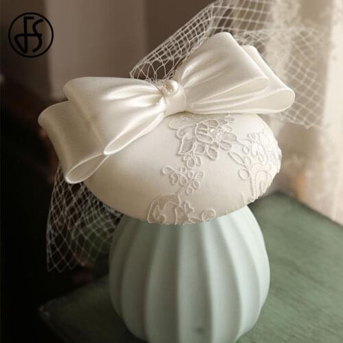 FS 2021 England White Satin Fascinator Hat For Wedding Hair Clips Elegant Ladies Lace Applique Flower Bride Face Veil Headpiece