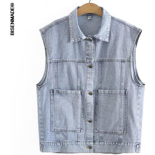 Women Clothing Vests Plus Size 2021 Autumn New Solid Color Outerwear Sleeveless Denim Waistcoat S56-872