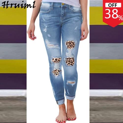 Denim Joggers Women Pants Fashion Leopard Patchwork Ladies Jeans Midi Waist Plus Size Long Trousers Streetwear Femme Pantalon