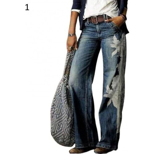 2021 Autumn Winter Women Fashion High Waist Floral Print Wide Leg Jeans Denim Pants Plus Size Loose Vintage Ladies Jean Trousers