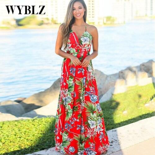 WYBLZ Sexy Casual Summer Women Long Dress High Waist V-Neck Open Back Sleeveless Holiday Beach Dress Sling Print Robes Halter