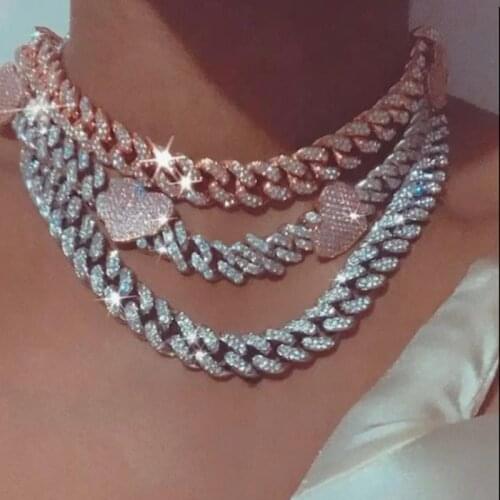 12mm width pink heart Iced out bling 5A cubic zirconia bling cz choker necklace women girlfriend gift cuban link chain jewelry