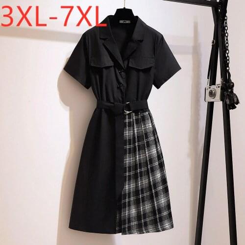 New 2021 ladies summer plus size shirt dress for women large loose short sleeve black cotton plaid button dress 4XL 5XL 6XL 7XL