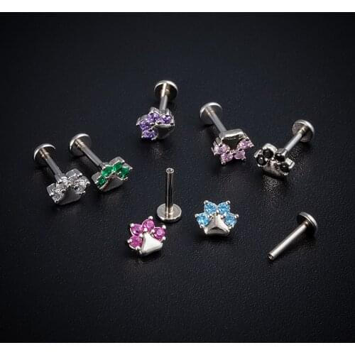 1PC Paw Lip Ring Piercing Labret Monroe Bar Stud Zircon Internally Threaded Tragus Helix Ear Cartilage Earring Body Jewelry 16G