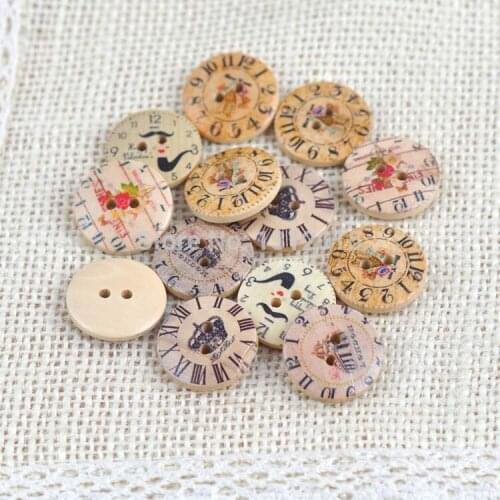 100Pcs Mixed 2 Holes Fashion Clock Round Wooden Buttons Sewing Scrapbooking 20mm DIY Accessories Button YF5410-27