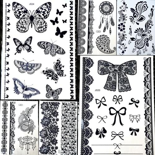 25 Designs Children Cartoon Butterfly Henna Temporary Tattoo Stickers Back Neck Waterproof Fake Kids Black Tatoo Lace Bowknot