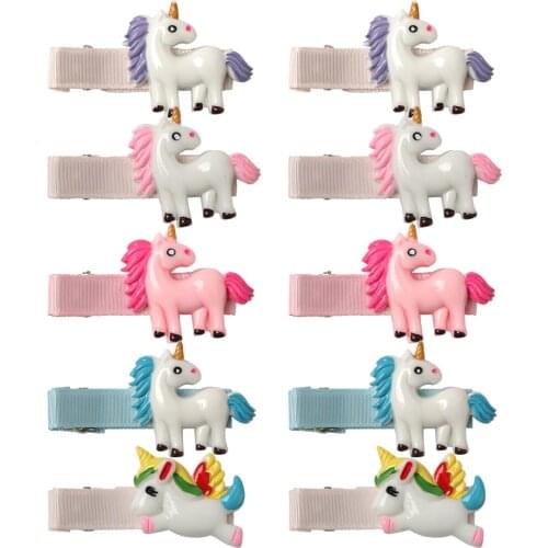 5Pairs=10 pcs Mini Resin Unicorn Hairpins Ribbon Hair Clip Cartoon Unicorn Barrettes Little Kids Gite Set