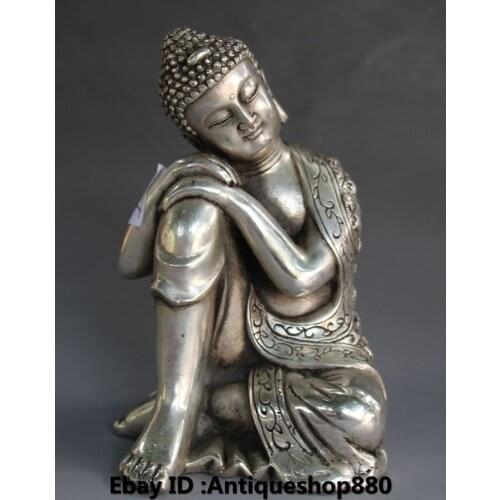 6" Chinese Silver Shakyamuni Amitabha Buddha Tathagata Sakyamuni Statue Garden Decoration Brass Bronze