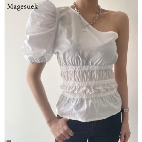 Sexy Skew Collar Cotton White Shirt Summer Chic Off Shoulder Woman Blouses Puff Sleeve Fashion New Slim Ladies Tops Blusas 15618