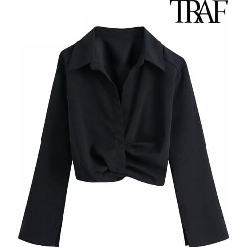 TRAF Women Fashion With Knot Pleated Cropped Blouses Vintage Long Sleeve Elastic Hem Female Shirts Blusas Chic Tops