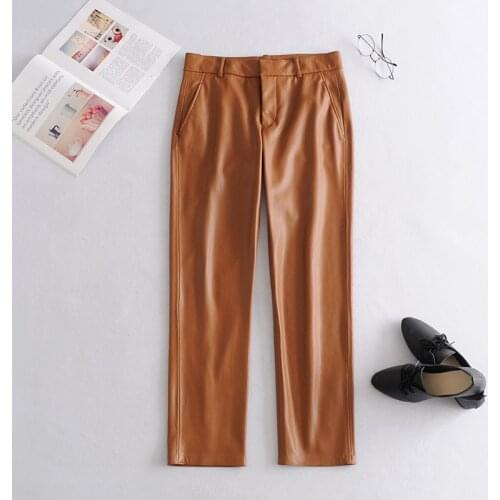 Women Brown Faux Leather Suit Pants High Waist Pants Sashes Pockets 2021 Office Ladies PU Leather Trousers Elegant Pocket Brand