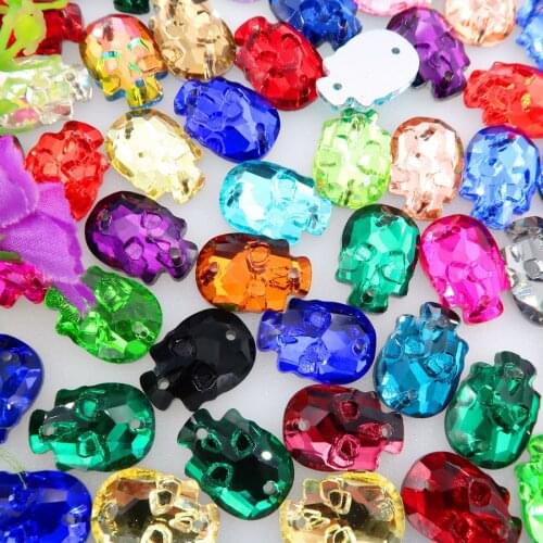 Skull shape glass Crystal flatback with 2 holes 14mm 18mm 20pcs/p sewing on rhinestone beads for wedding dress handicraft diy