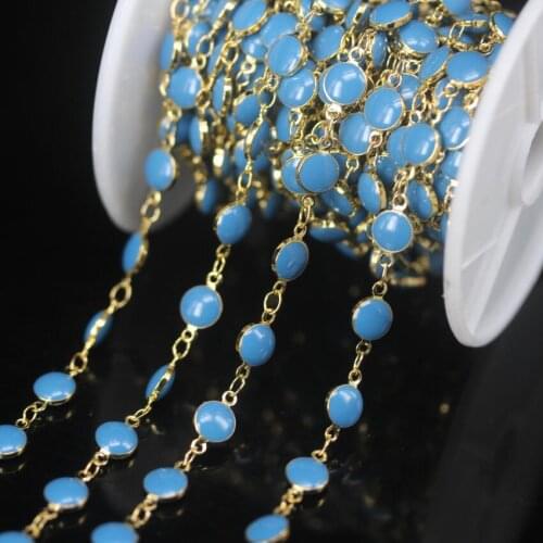 Plated Golden Copper Rosary chains,6mm Turquoises Blue Lampwork Flat Round Beaded Chains,Enamel Coin Beads Links Chains Jewelry