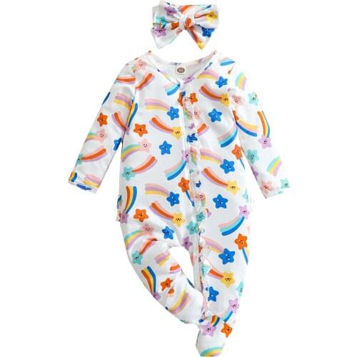 Infant Baby Girls Autumn Clothing Long Sleeve Jumpsuit Fresh Rainbow Print Footed Long Romper and Headband Outfit