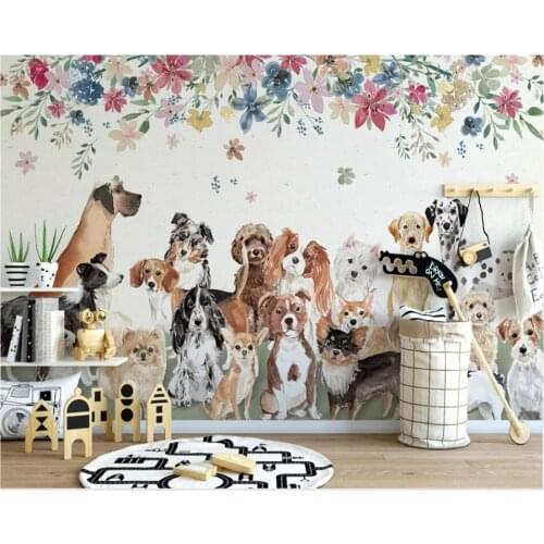 Mural Nordic fashion character wall paper Creative cute group of puppies floral childrens room background 3d wallpaper3D
