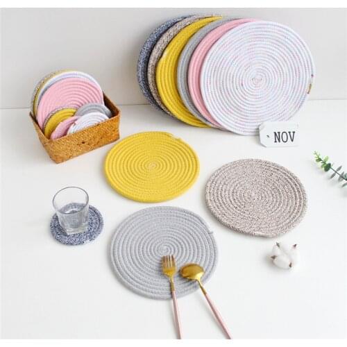Handmade Cotton Rope Placemat Hand Woven Table Mats Napkin Tableware Drink Cup Coaster Insulation Pad Kitchen Dinner Home Decor