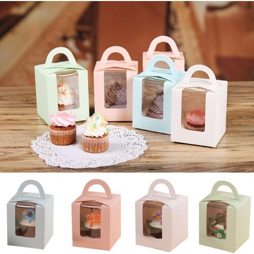 50pcs Cupcake Box with Window and Handle Cake Carrier Small Cake Gift Container for Bakery Wedding Party Birthday Supply LB88