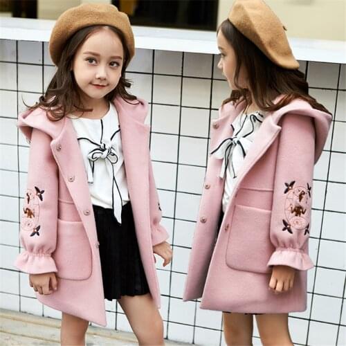 2020 Winter Girls Woolen Jackets Kids hooded embroidered Coats Children Autumn Clothes Warm Casual Big Girls Outwear Long