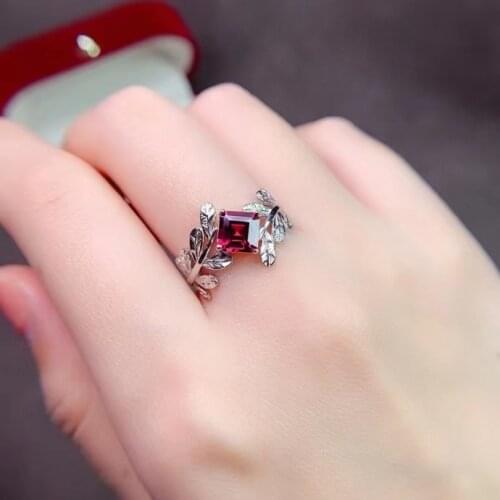 Fashion Silver Leaf Ring with Gemstone 6mm Natural Garnet Silver Ring Sterling Silver Garnet Ring 925 Silver Garnet Jewelry