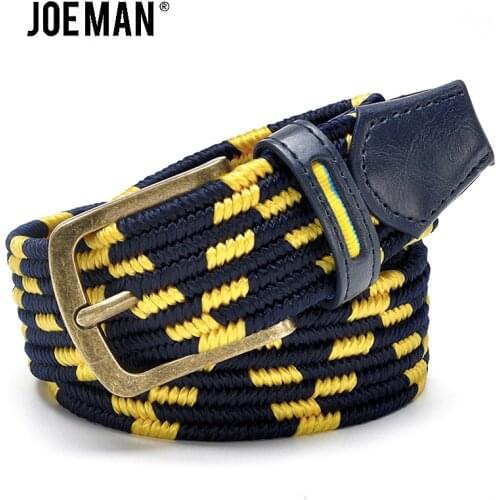 Fashion Men Stretch Belt With Braided Style Antique Brass Buckle Yellow And Navy Color Strap Elastic Male Belts