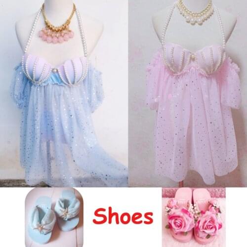 NEW Beach Fairy Swimsuit Mermaid Bikini swimwear gradient shell Bra Pearl Chains Summer Lolita Sweet Cloth Swimsuit Beach Dress