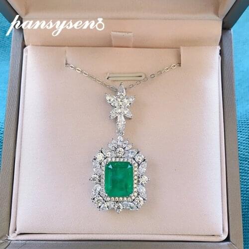 PANSYSEN Silver 925 Jewelry Emerald Simulated Moissanite Pendant Necklaces for Women Anniversary Engagement Fine Jewelry Gifts