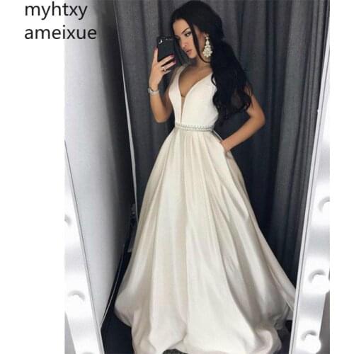 Simple Sexy Cheap White Gown Evening Dresses A-line Floor Length Sweep Train Pleat Sleeveless Pocket Evening Gowns Custom Made