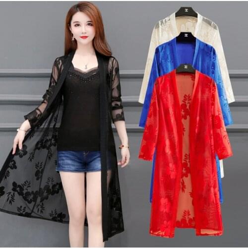 Plus Size 5XL Long Kimono 2020 Women Floral Embroidery Chiffon Mesh Cardigan Blouse Roupas Feminina Clothing Elegant Long Shrug