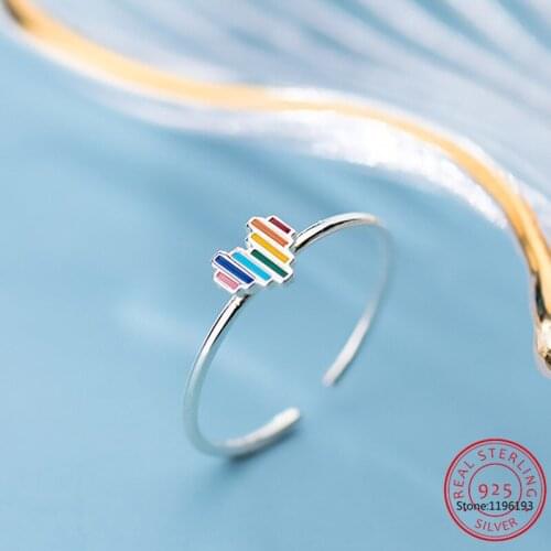 Real 925 Sterling Silver Sweet Simple Rainbow Heart Love Opening Ring Size For Women Wedding Fine S925 Jewelry DA1758