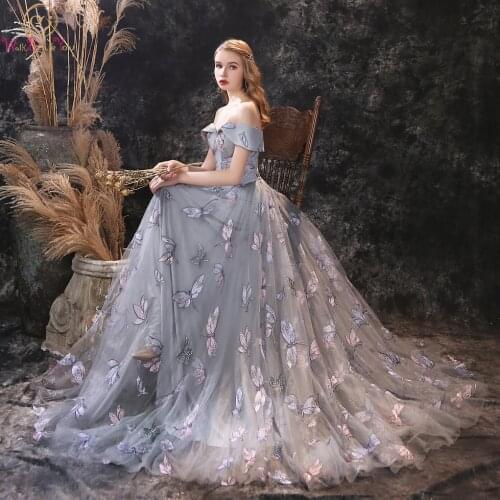 Gray Floral Print Prom Dresses 2020 Off Shoulder Long Floor Length Lace Sequined Sweetheart A Line Evening Party Gowns Formal