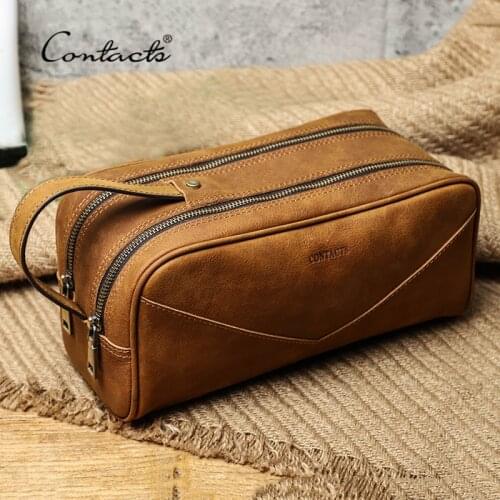 CONTACTS Casual Toiletry Bag Genuine Leather Cosmetic Bag Travel Storage HandBag Mens Make Case Travel Necessarie Wash Pouch