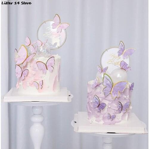 Purple Pink Butterfly Cake Decoration Happy Birthday Cake Topper Handmade Painted For Wedding Birthday Party Baby Shower